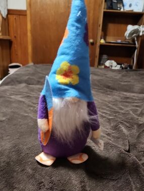 Blue Hat Purple Gnome Plush with Flower Accent